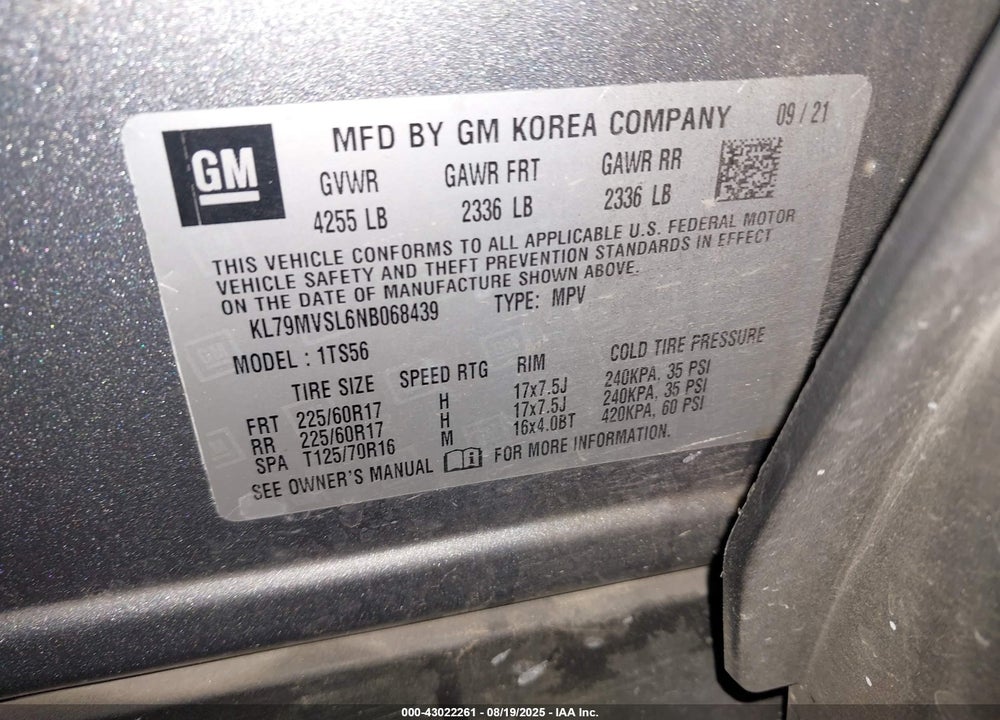 2022 CHEVROLET TRAILBLAZER VIN: KL79MVSL6NB068439
