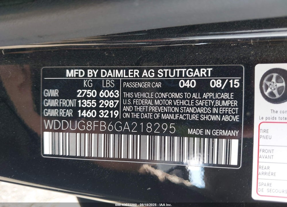 2016 MERCEDES-BENZ S CLASS VIN: WDDUG8FB6GA218295