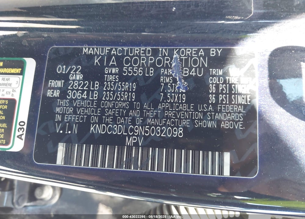 2022 KIA EV6 VIN: KNDC3DLC9N5032098
