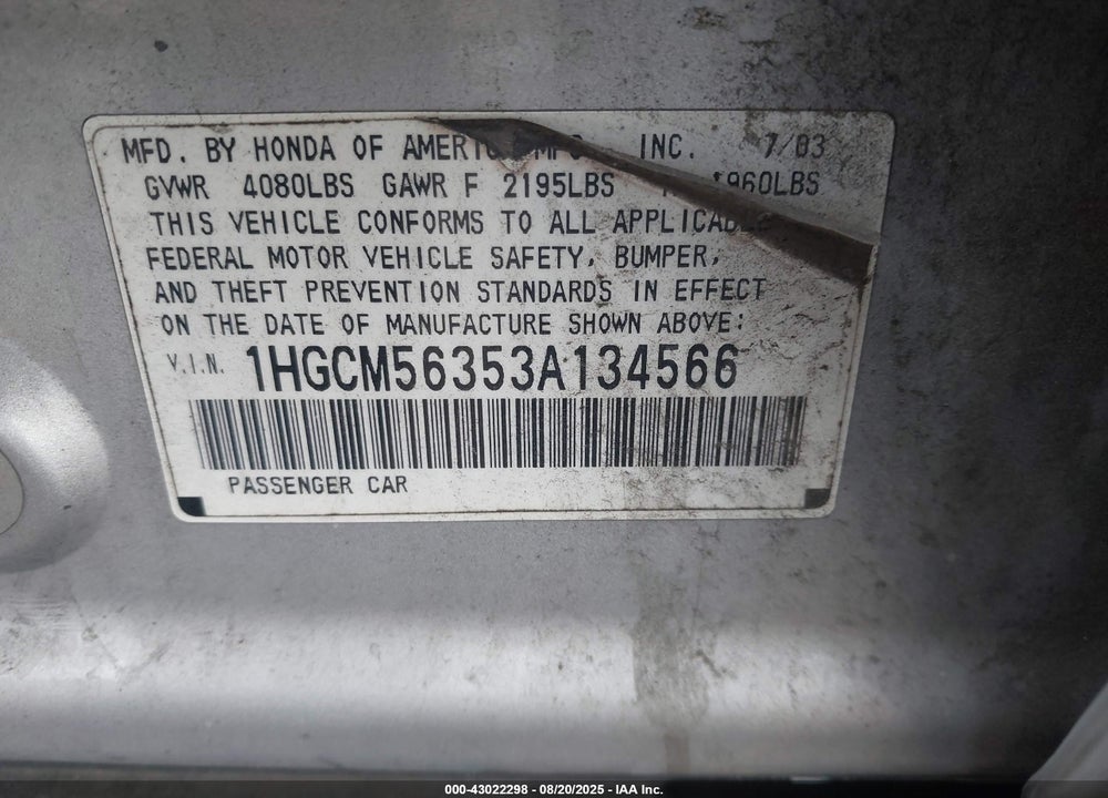 2003 HONDA ACCORD 2.4 LX VIN: 1HGCM56353A134566