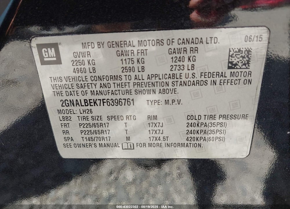 2015 CHEVROLET EQUINOX VIN: 2GNALBEK7F6396761