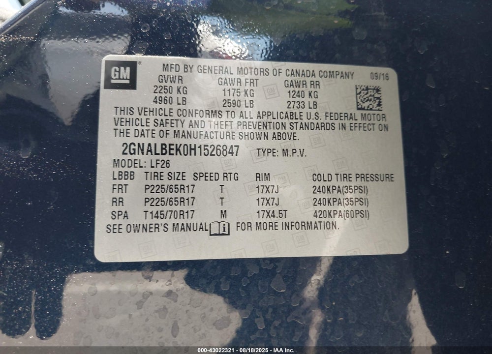 2017 CHEVROLET EQUINOX VIN: 2GNALBEK0H1526847