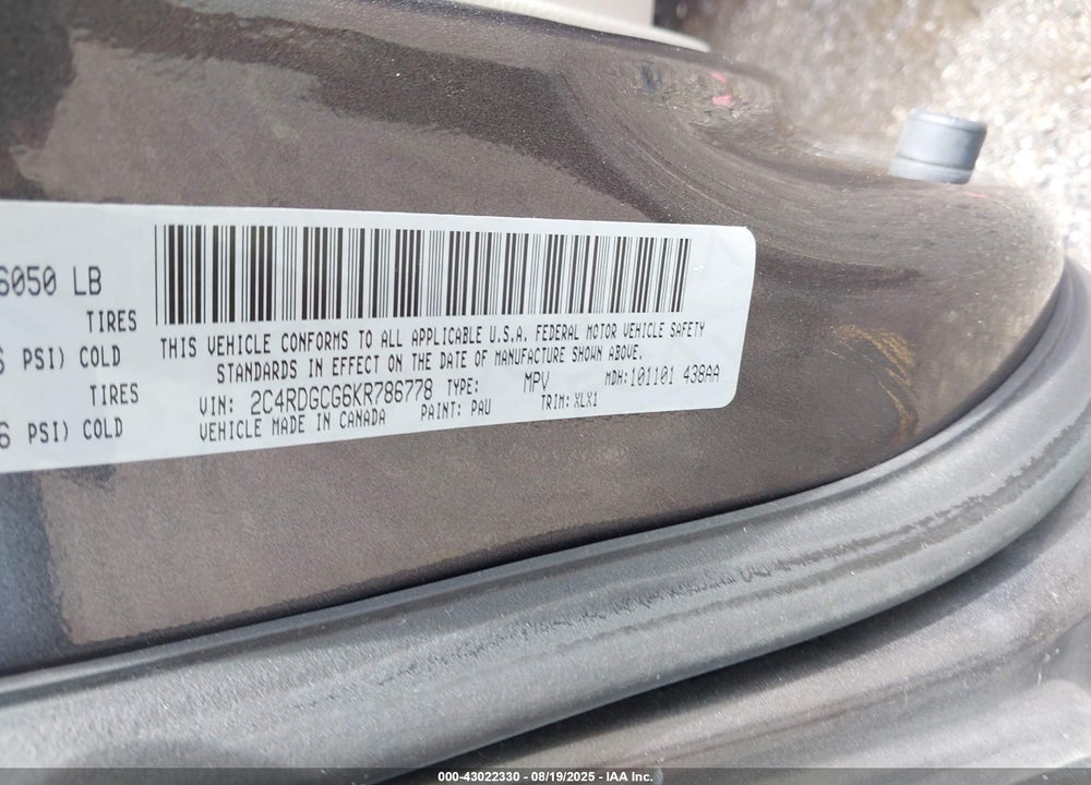 2019 DODGE GRAND CARAVAN VIN: 2C4RDGCG6KR786778