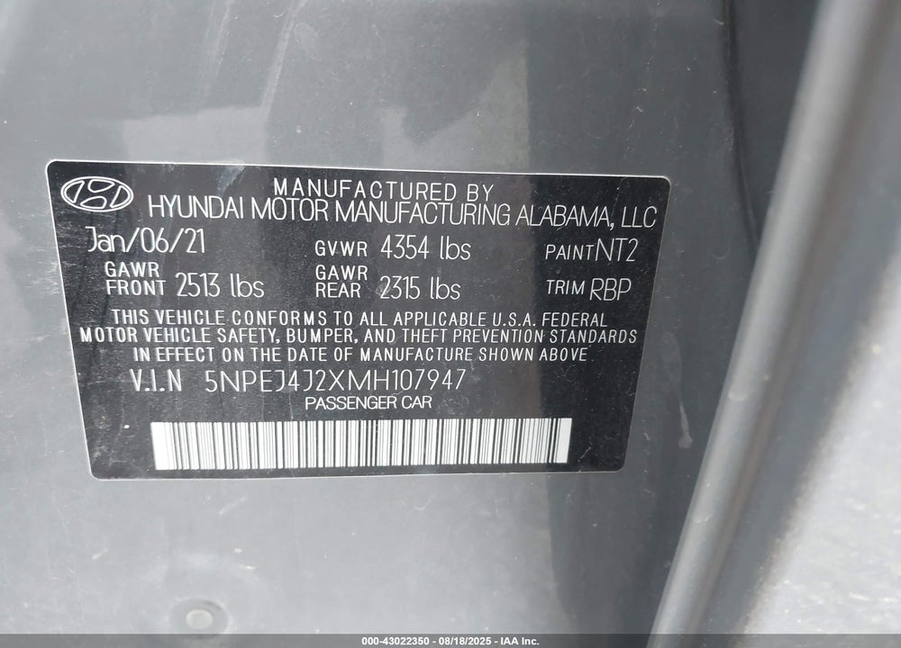 2021 HYUNDAI SONATA SEL PLUS VIN: 5NPEJ4J2XMH107947