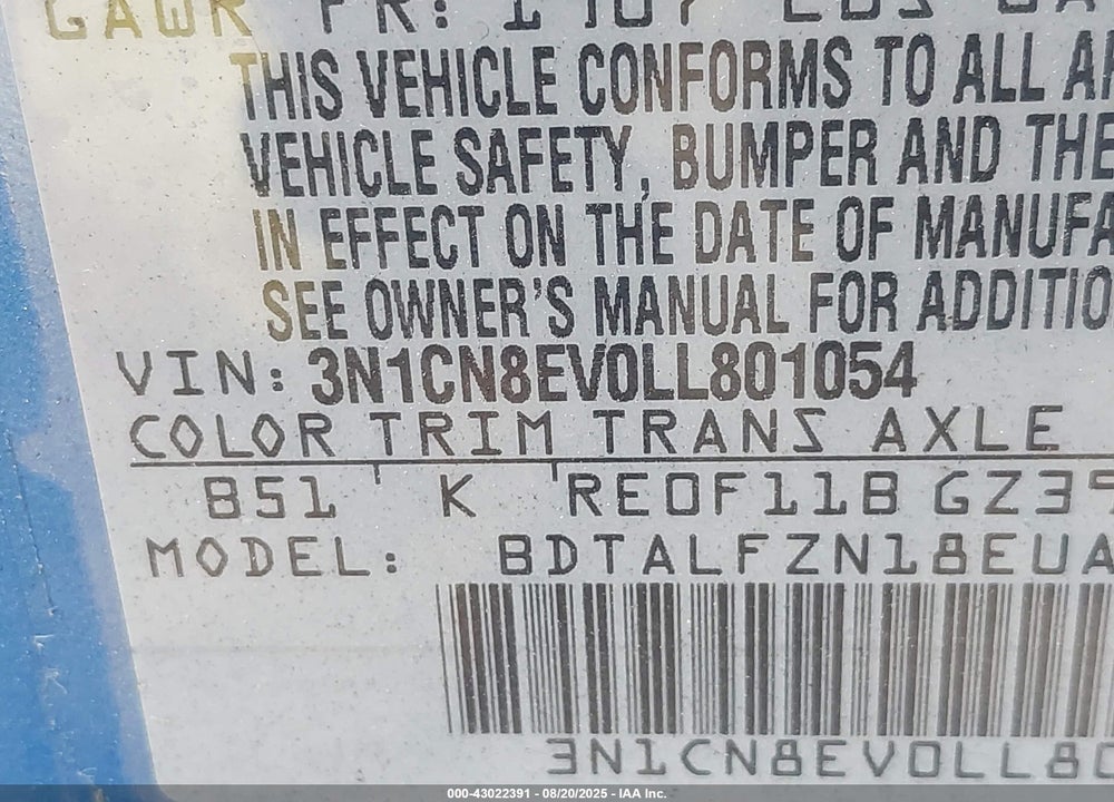 2020 NISSAN VERSA VIN: 3N1CN8EV0LL801054
