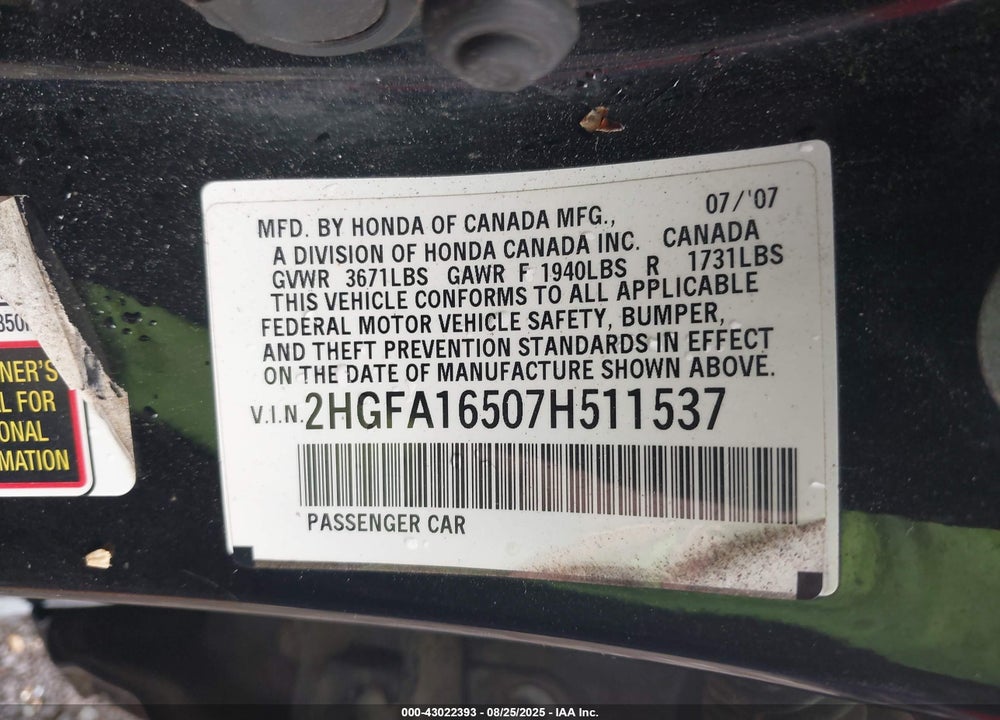 2007 HONDA CIVIC LX VIN: 2HGFA16507H511537