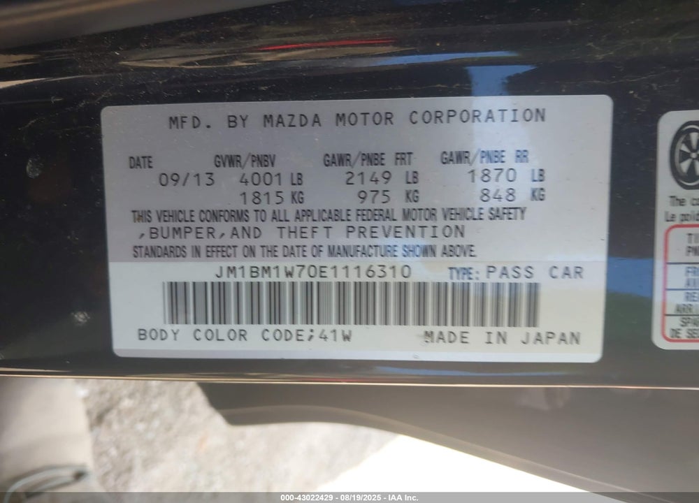2014 MAZDA 3 VIN: JM1BM1W70E1116310
