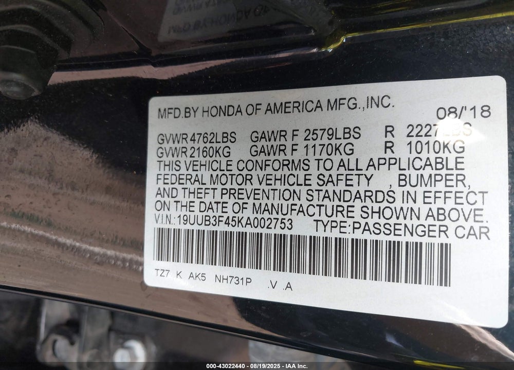 2019 ACURA TLX VIN: 19UUB3F45KA002753