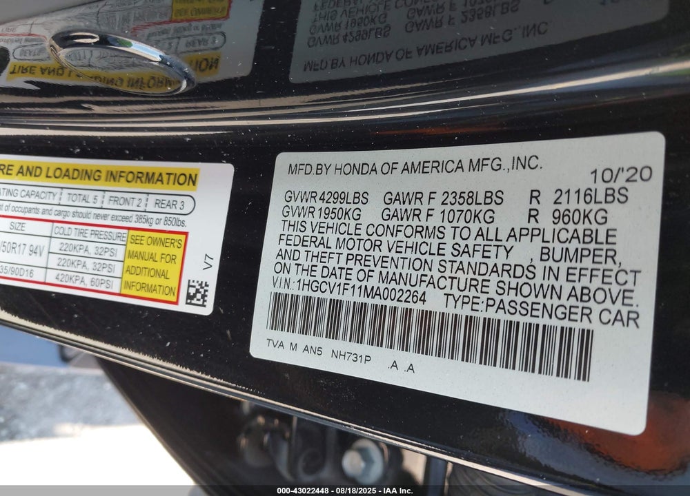 2021 HONDA ACCORD VIN: 1HGCV1F11MA002264