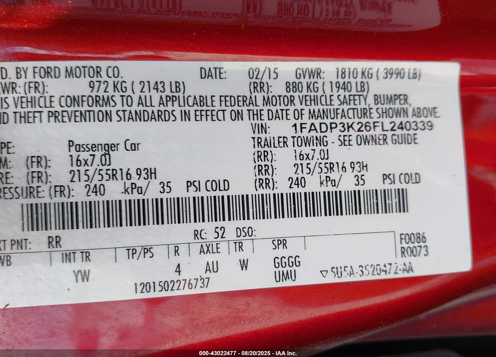 2015 FORD FOCUS VIN: 1FADP3K26FL240339