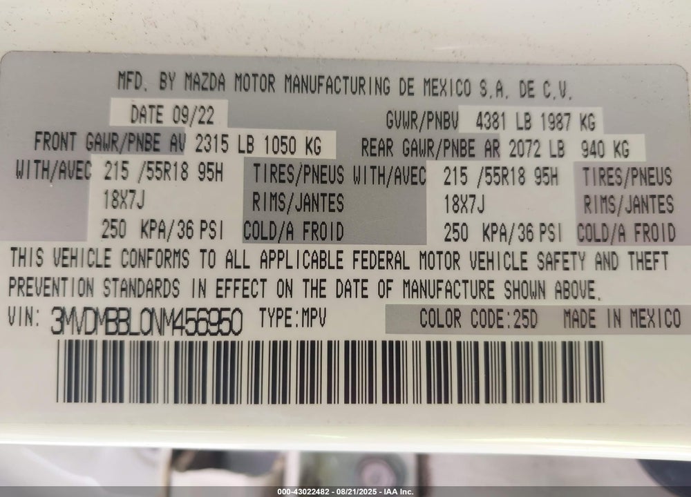 2022 MAZDA CX-30 VIN: 3MVDMBBL0NM456950