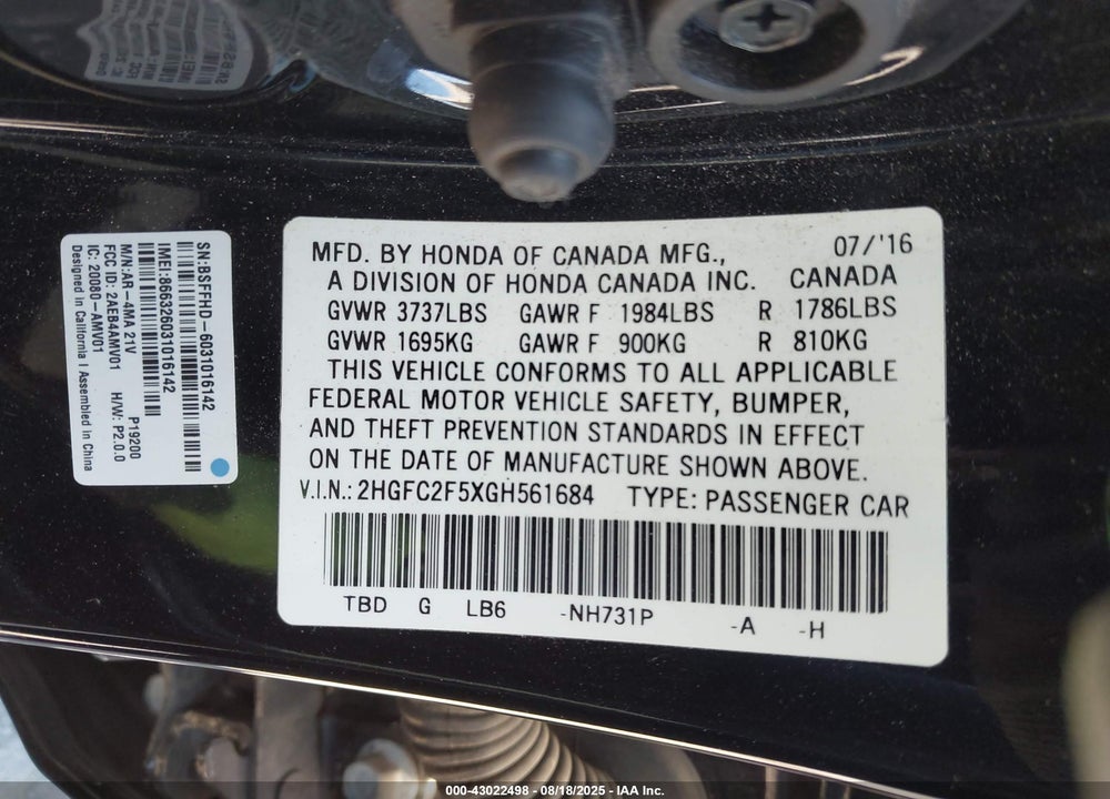 2016 HONDA CIVIC VIN: 2HGFC2F5XGH561684