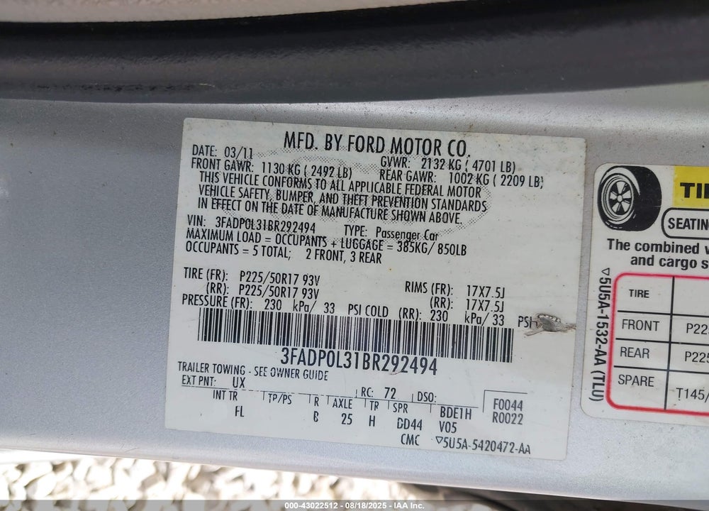 2011 FORD FUSION VIN: 3FADP0L31BR292494