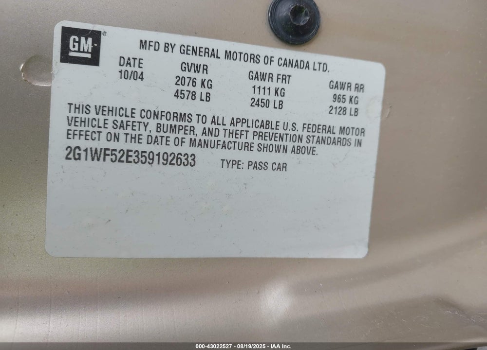 2005 CHEVROLET IMPALA VIN: 2G1WF52E359192633