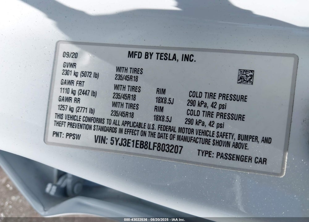 2020 TESLA MODEL 3 VIN: 5YJ3E1EB8LF803207