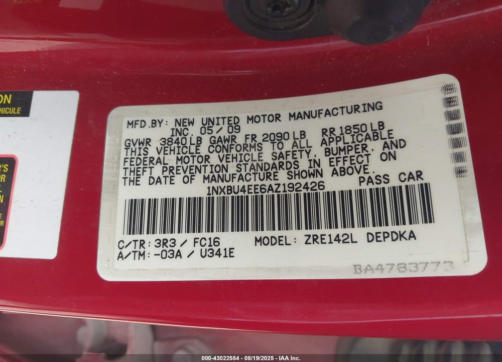 2010 TOYOTA COROLLA VIN: 1NXBU4EE6AZ192426
