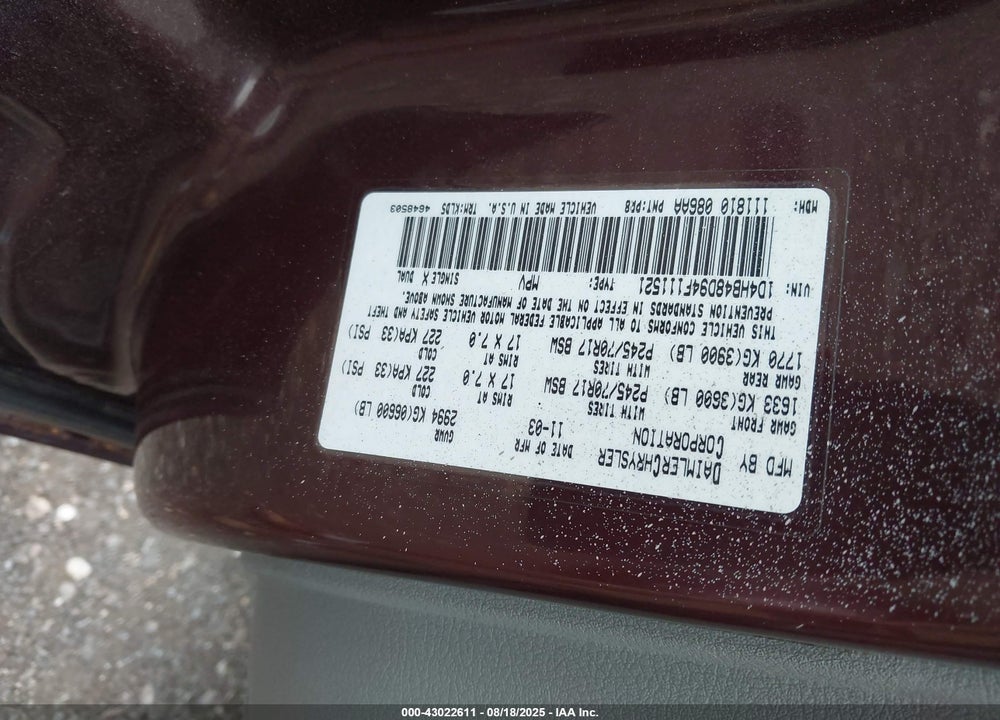 2004 DODGE DURANGO SLT VIN: 1D4HB48D94F111521