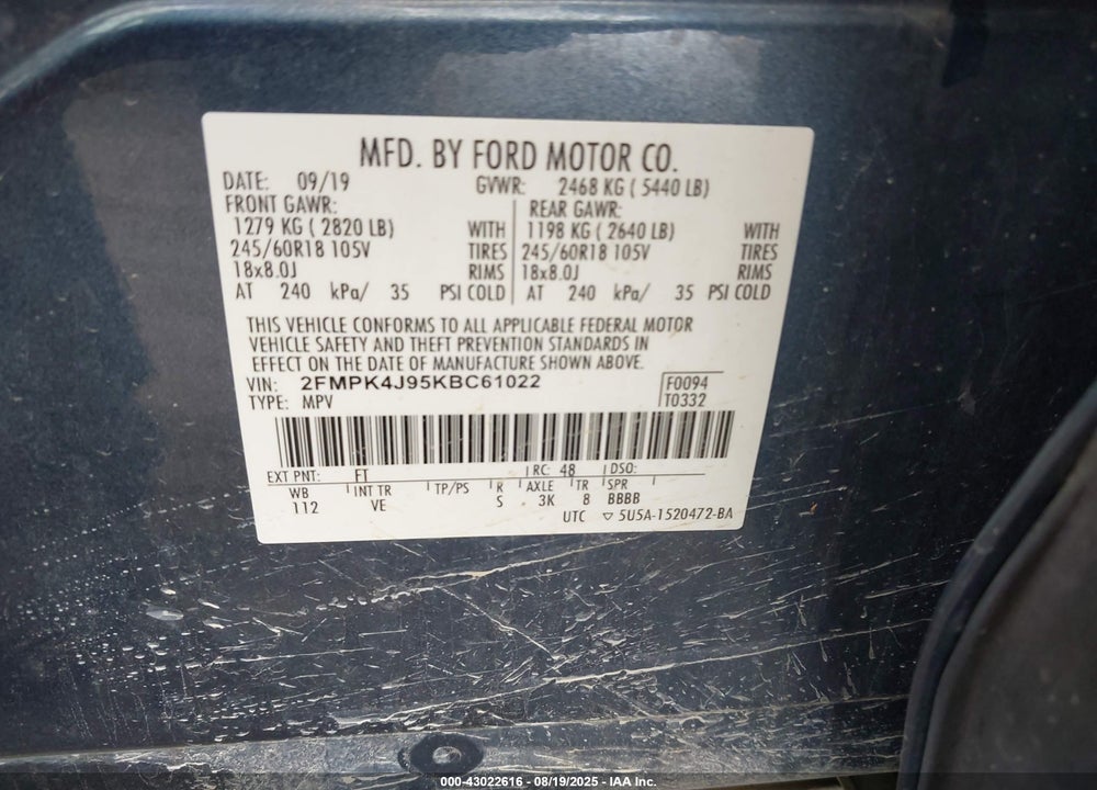 2019 FORD EDGE VIN: 2FMPK4J95KBC61022