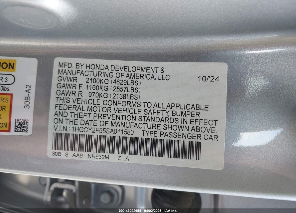 2025 HONDA ACCORD HYBRID SPORT VIN: 1HGCY2F55SA011580