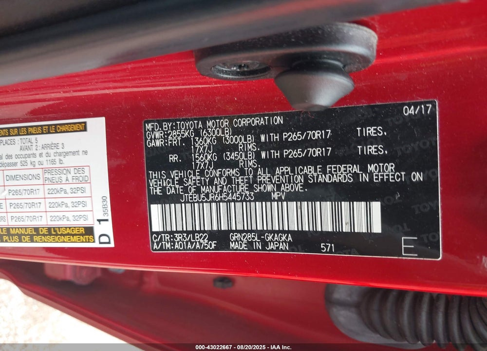 2017 TOYOTA 4RUNNER VIN: JTEBU5JR6H5445733
