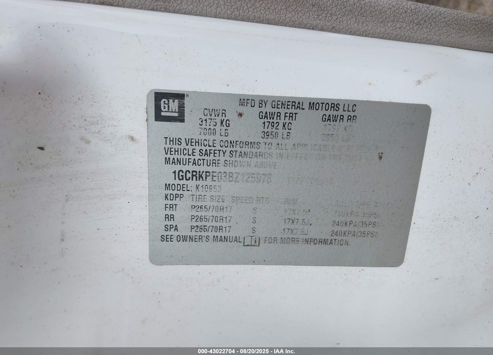 2011 CHEVROLET SILVERADO 1500 VIN: 1GCRKPE03BZ125978