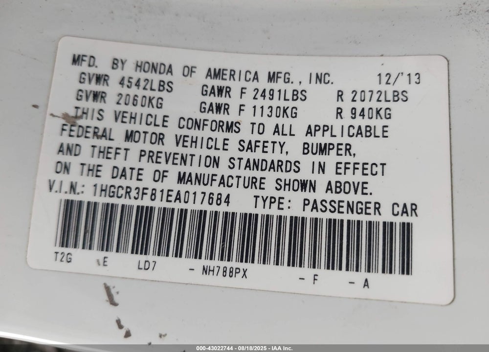 2014 HONDA ACCORD VIN: 1HGCR3F81EA017684
