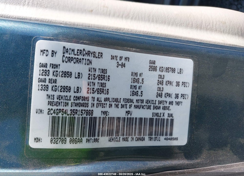 2005 CHRYSLER TOWN & COUNTRY TOURING VIN: 2C4GP54L35R157868