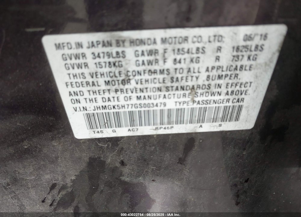 2016 HONDA FIT EX VIN: JHMGK5H77GS003479