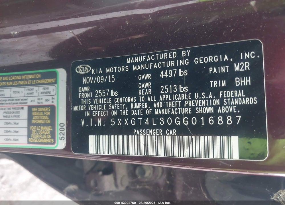 2016 KIA OPTIMA LX VIN: 5XXGT4L30GG016887