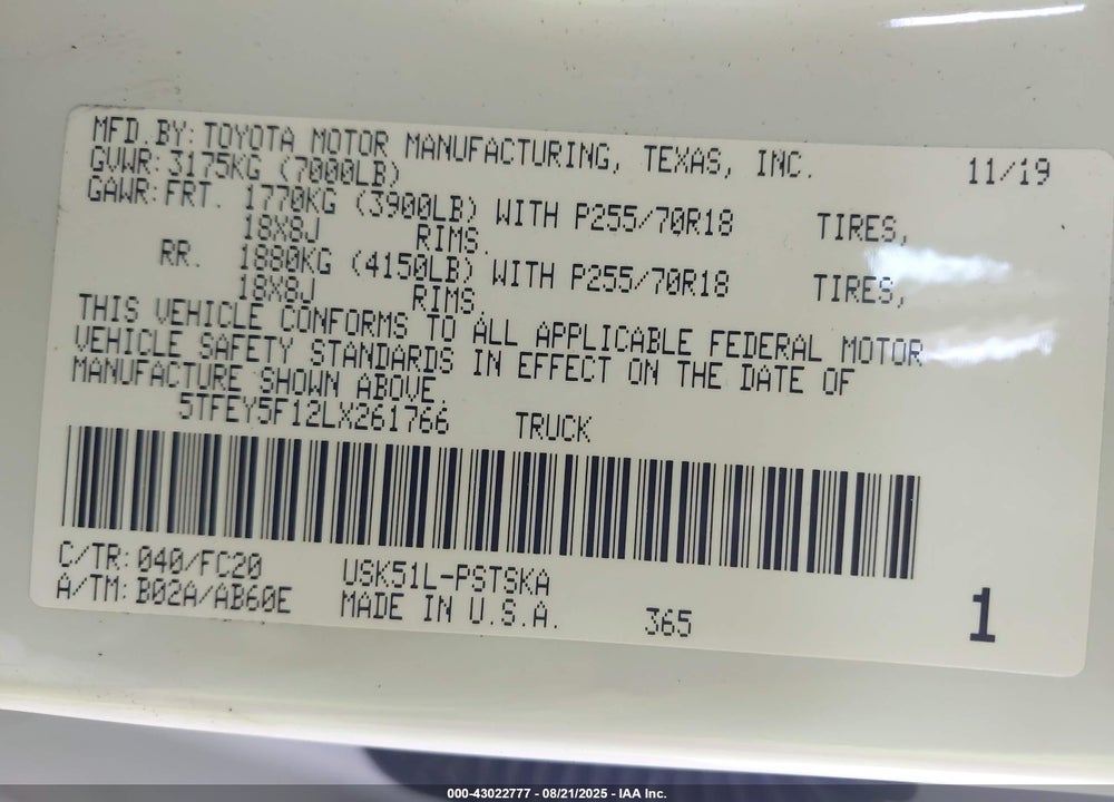 2020 TOYOTA TUNDRA VIN: 5TFEY5F12LX261766