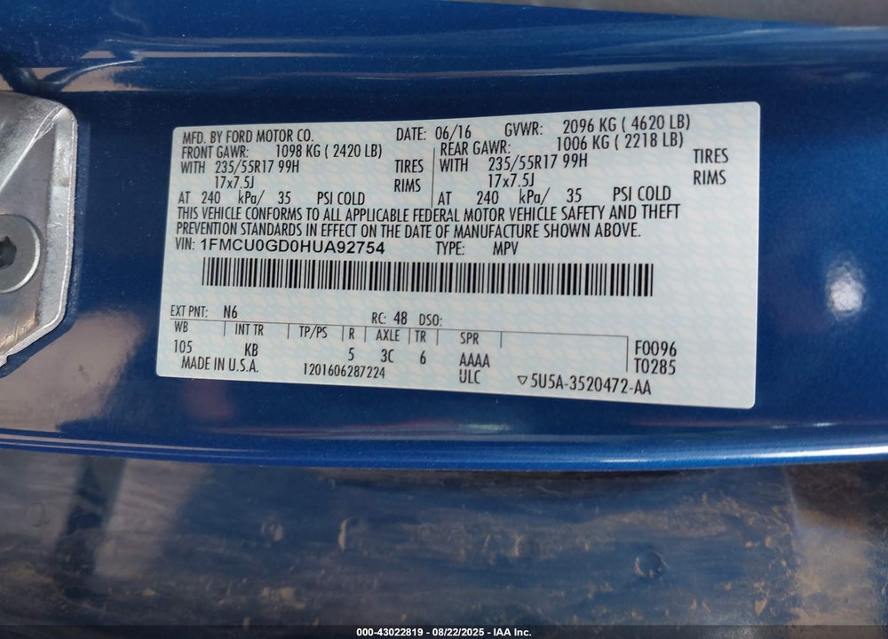 2017 FORD ESCAPE SE VIN: 1FMCU0GD0HUA92754