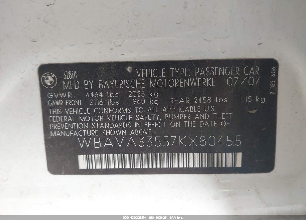 2007 BMW 328I VIN: WBAVA33557KX80455