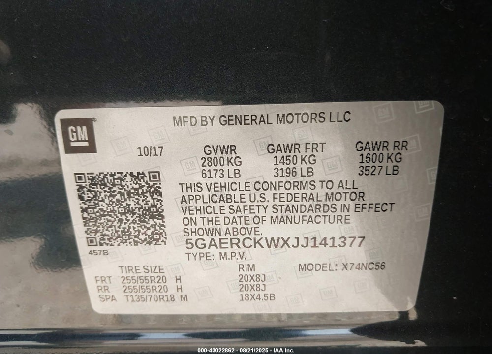 2018 BUICK ENCLAVE VIN: 5GAERCKWXJJ141377