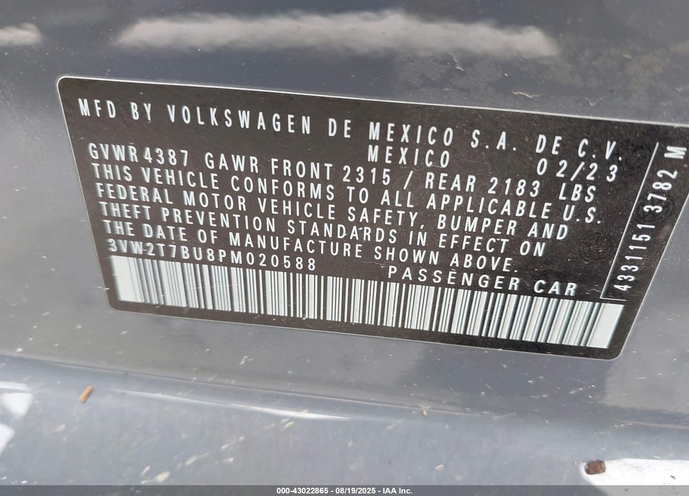 2023 VOLKSWAGEN JETTA VIN: 3VW2T7BU8PM020588