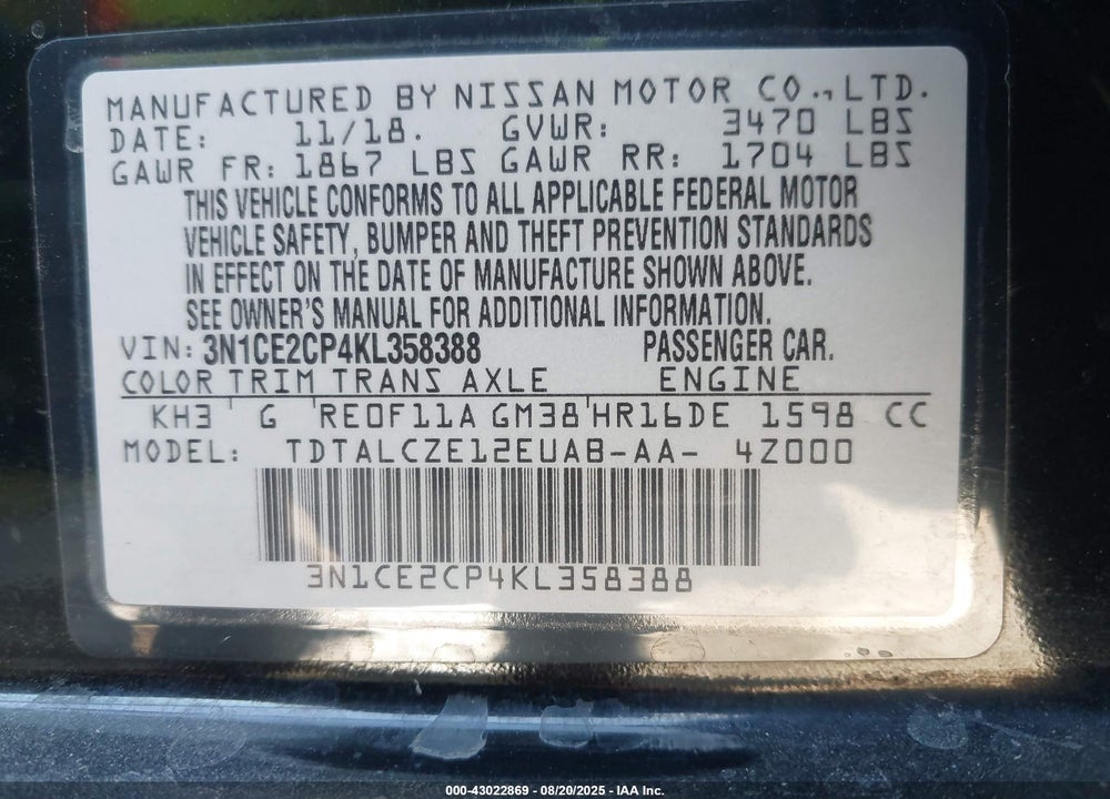 2019 NISSAN VERSA NOTE VIN: 3N1CE2CP4KL358388