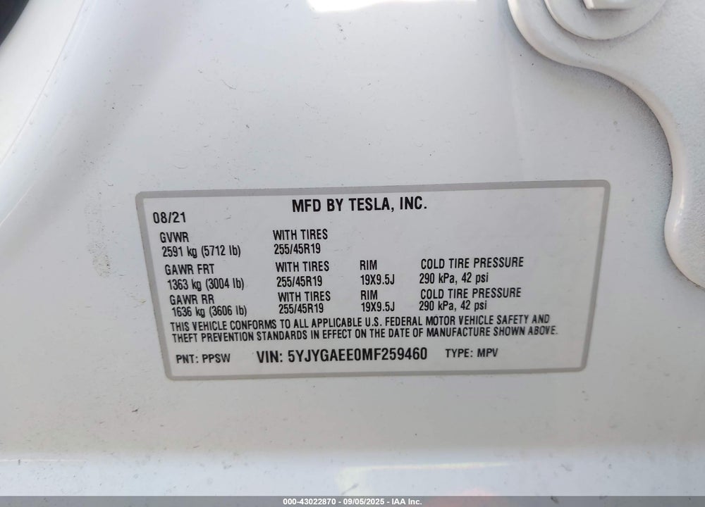 2021 TESLA MODEL Y VIN: 5YJYGAEE0MF259460