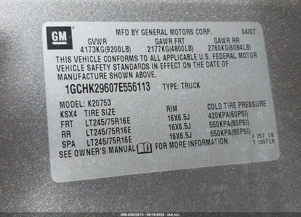 2007 CHEVROLET SILVERADO 2500HD LT1 VIN: 1GCHK29607E556113
