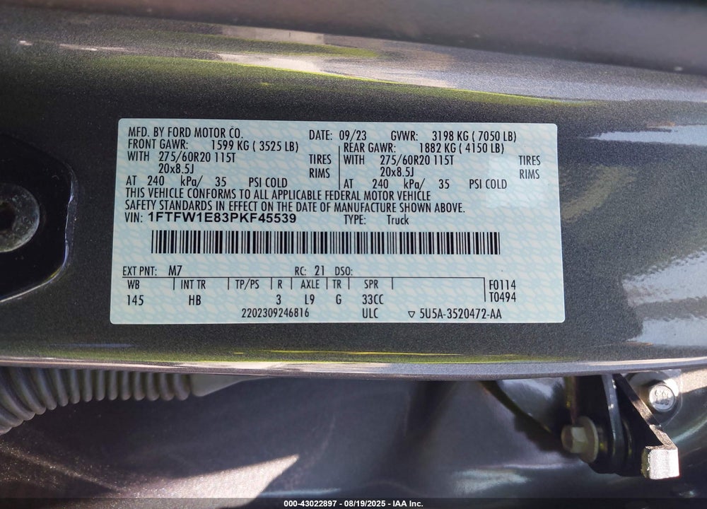 2023 FORD F-150 LARIAT VIN: 1FTFW1E83PKF45539