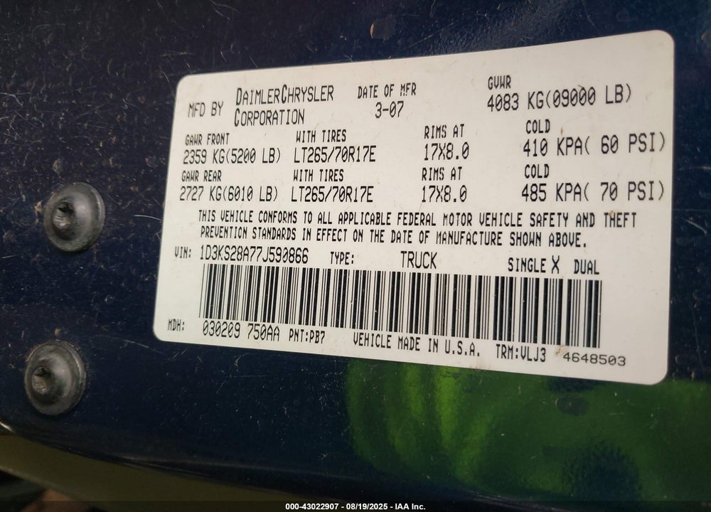 2007 DODGE RAM 2500 VIN: 1D3KS28A77J590866