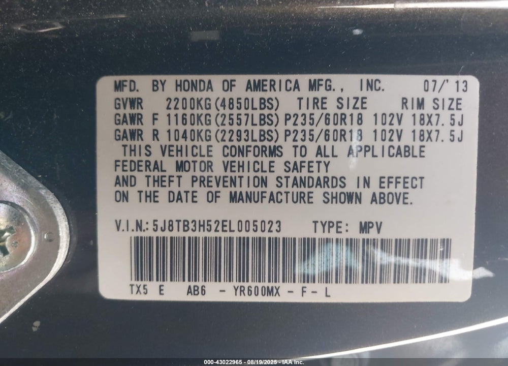 2014 ACURA RDX VIN: 5J8TB3H52EL005023