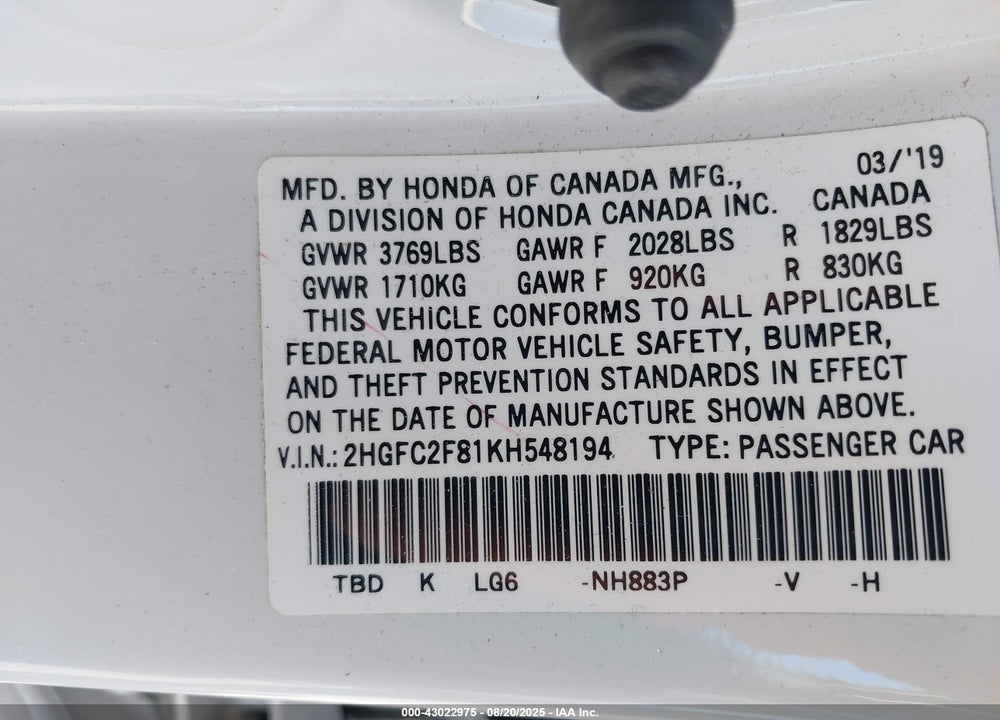 2019 HONDA CIVIC VIN: 2HGFC2F81KH548194