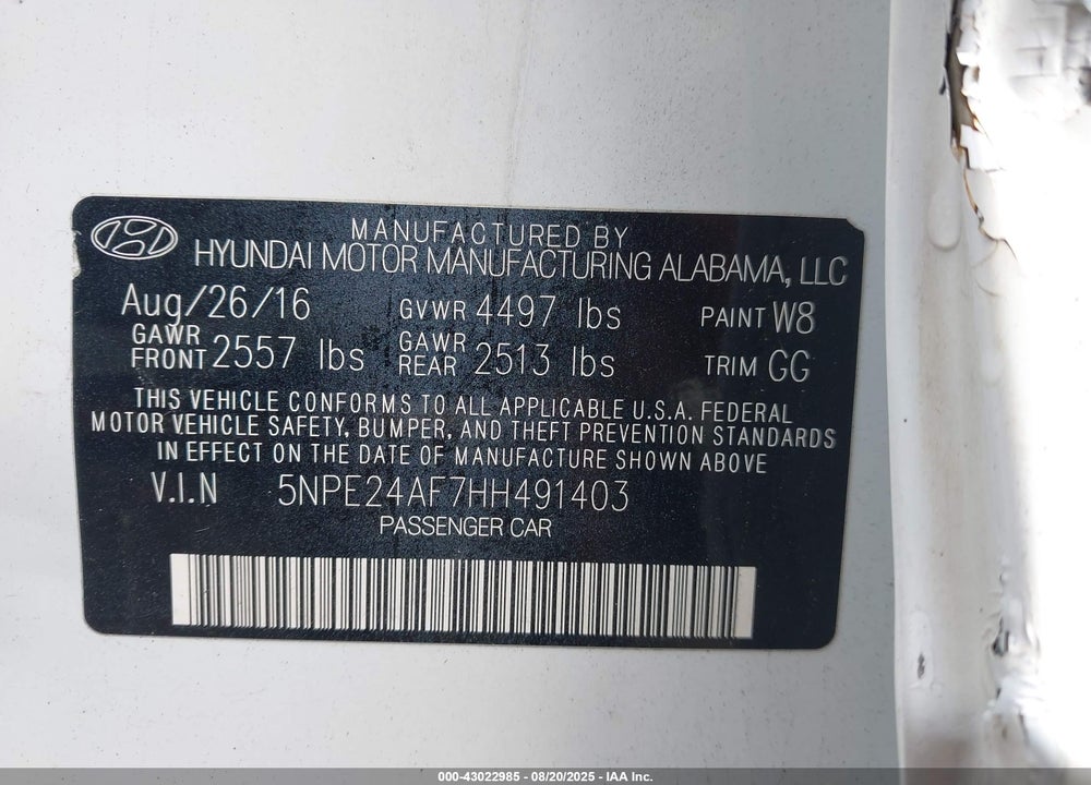 2017 HYUNDAI SONATA VIN: 5NPE24AF7HH491403