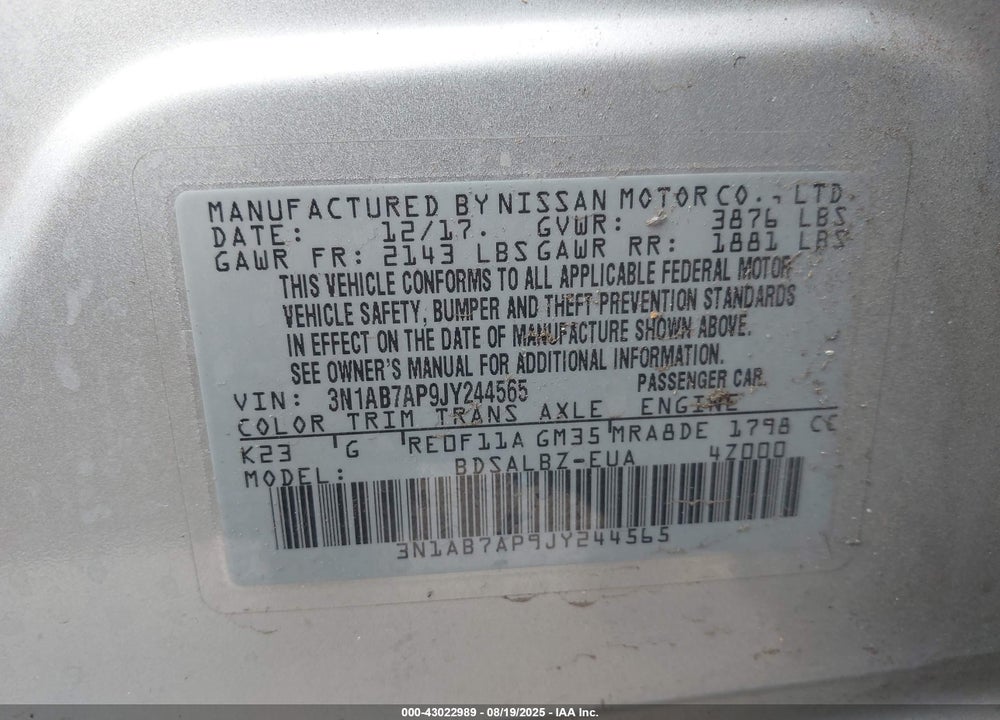 2018 NISSAN SENTRA VIN: 3N1AB7AP9JY244565