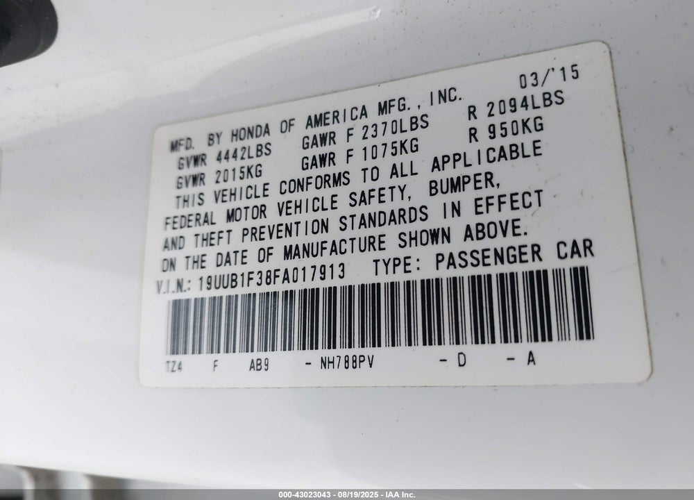 2015 ACURA TLX VIN: 19UUB1F38FA017913