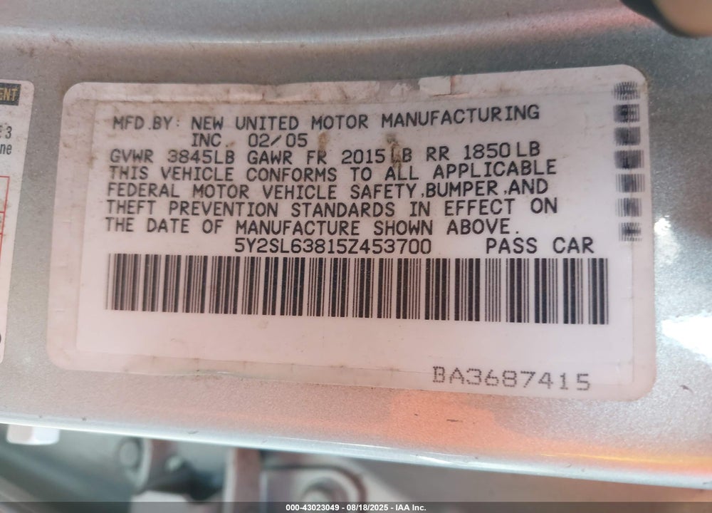 2005 PONTIAC VIBE VIN: 5Y2SL63815Z453700