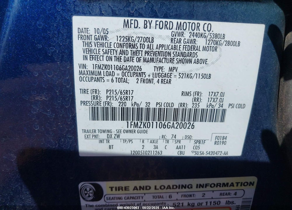 2006 FORD FREESTYLE VIN: 1FMZK01106GA20026