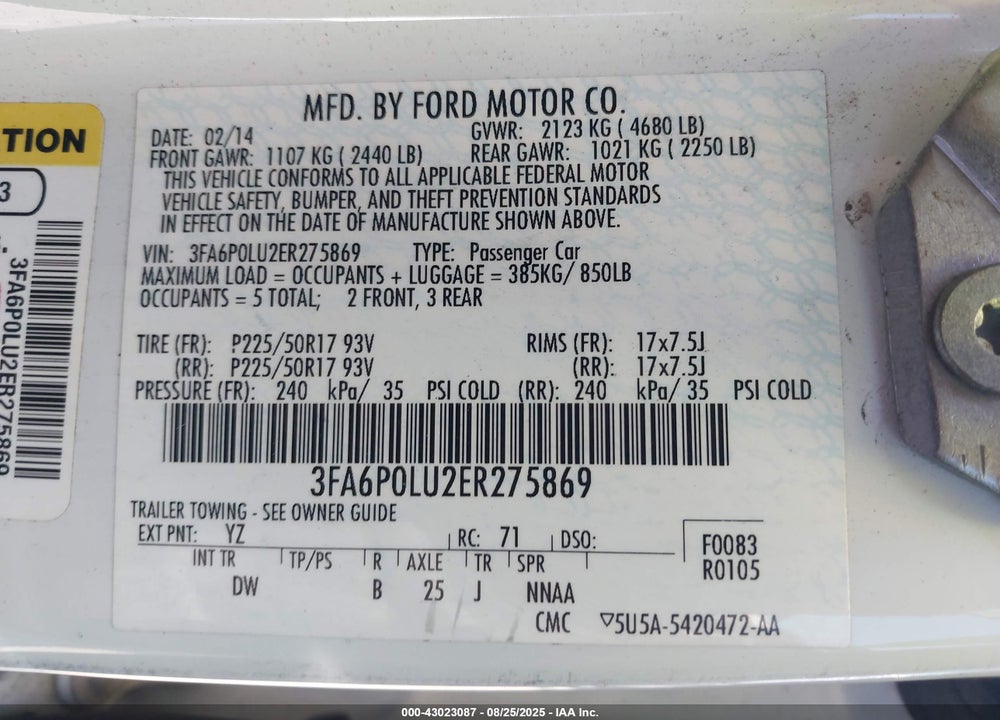2014 FORD FUSION VIN: 3FA6P0LU2ER275869