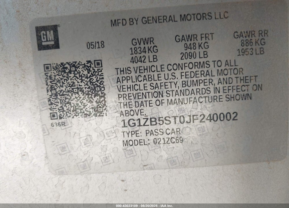 2018 CHEVROLET MALIBU VIN: 1G1ZB5ST0JF240002
