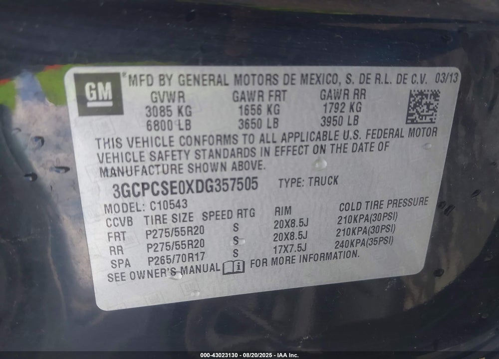 2013 CHEVROLET SILVERADO 1500 VIN: 3GCPCSE0XDG357505