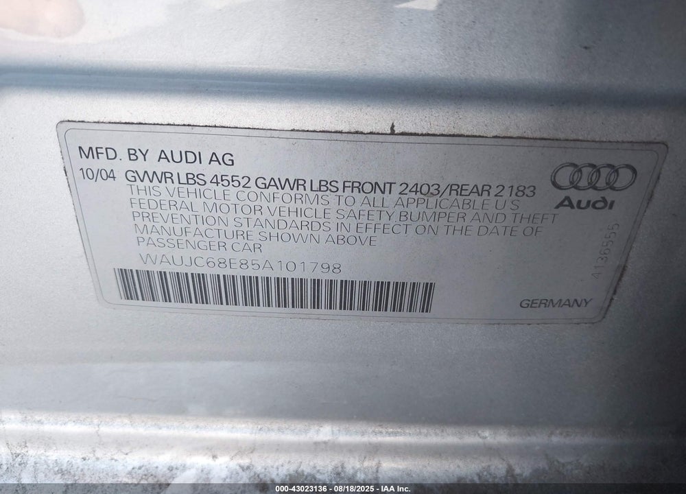2005 AUDI A4 1.8T/1.8T SPECIAL EDITION VIN: WAUJC68E85A101798